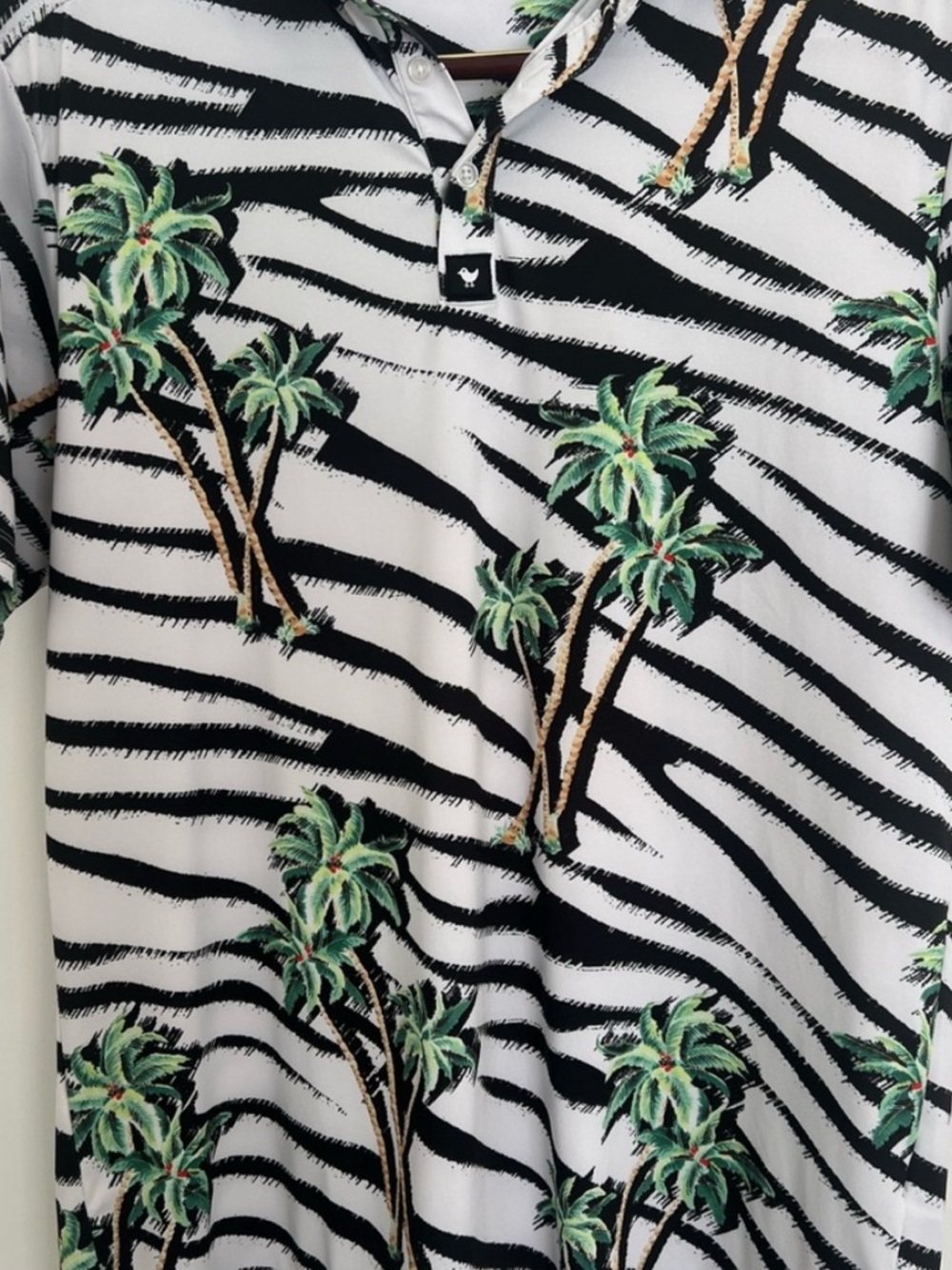 Bad Birdie White Black Zebra Stripe Polo with Green Palm Trees